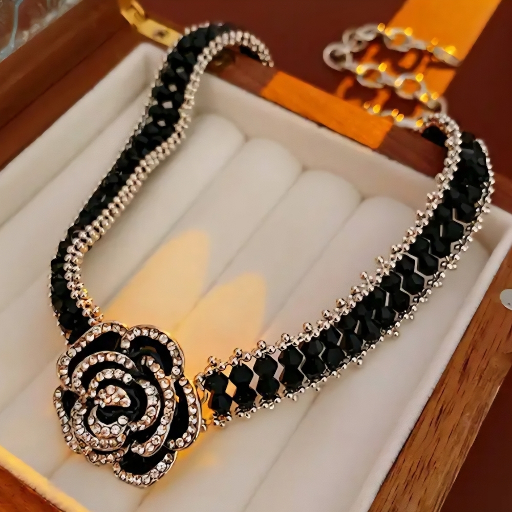 Elegant Black and Silver Camellia Rose Jewelry Set